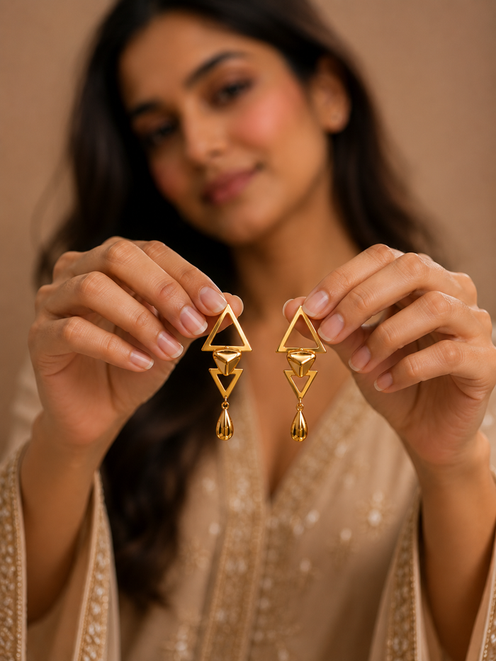 Golden Long Triangle Pear Earring