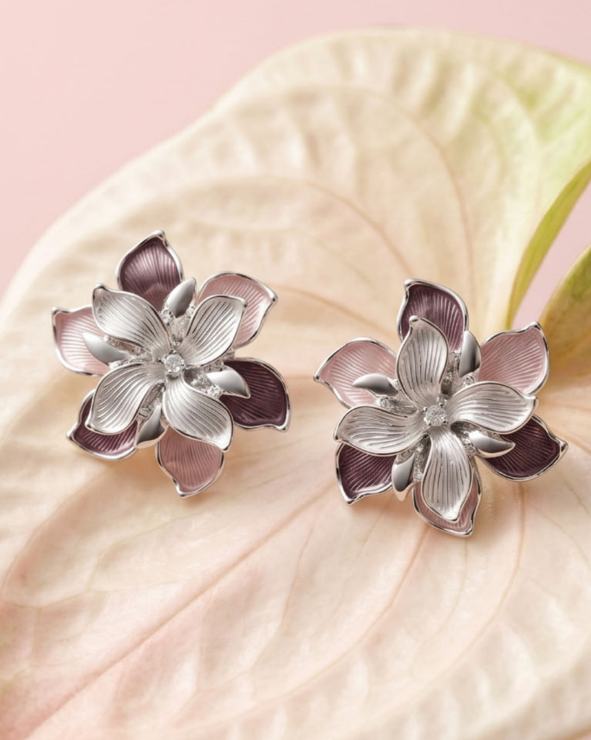 Pink Silver Flower Tops Earrings