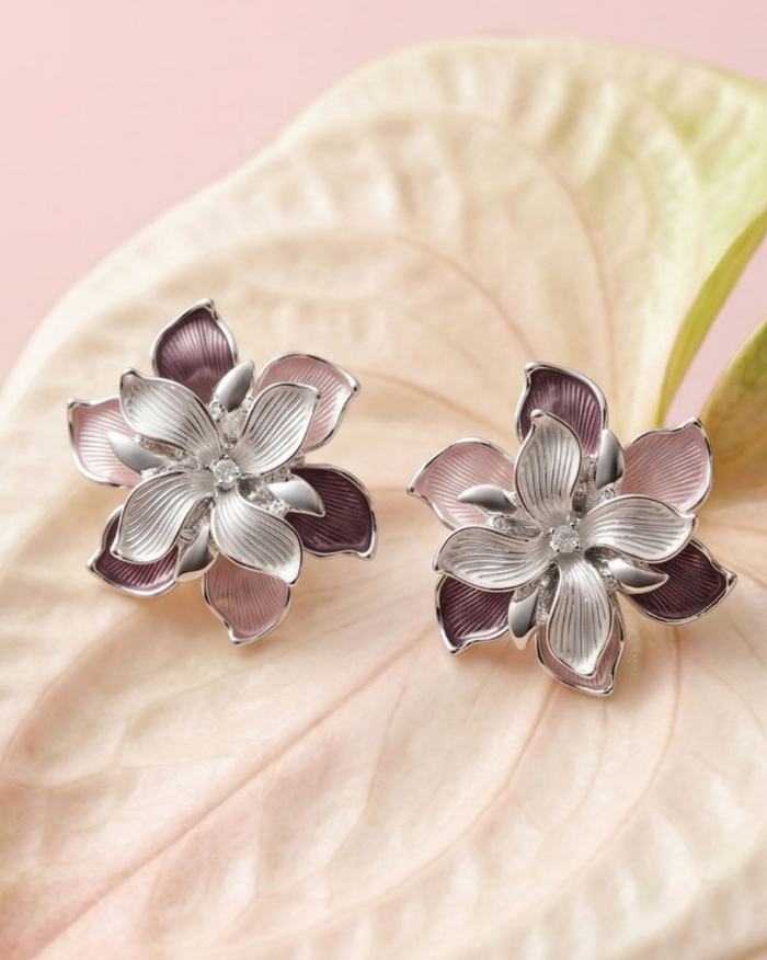Pink Silver Flower Tops Earrings